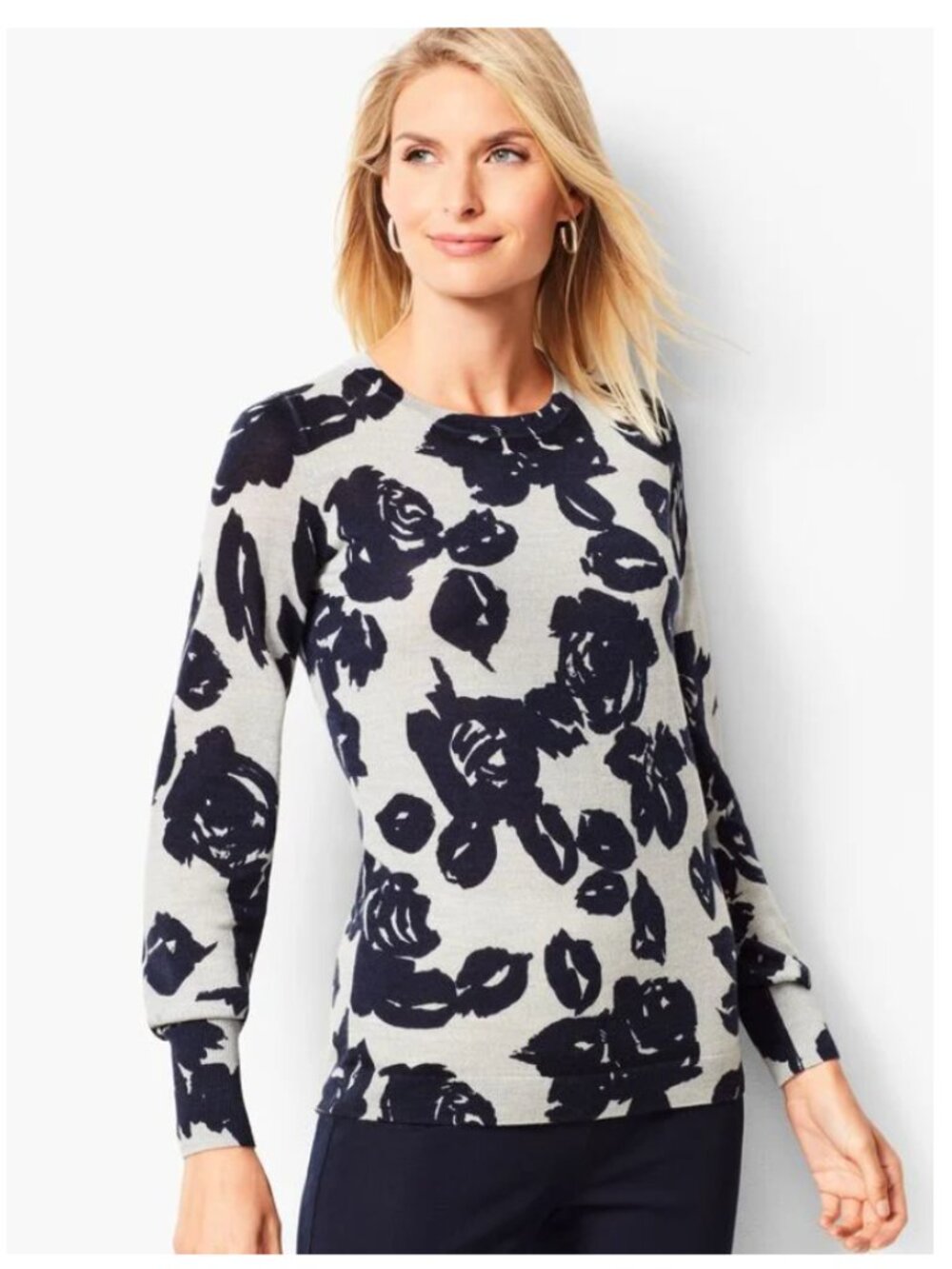 Talbots Merino Floral Sweater | Gray & Navy | Size Petite Large